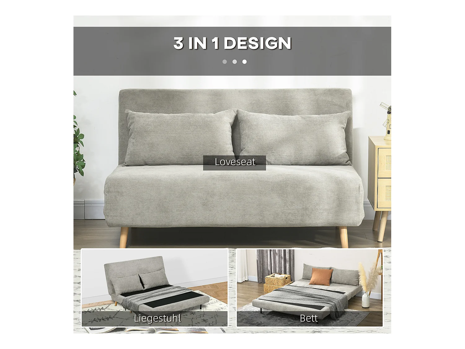 Divano letto con funzione letto, schienale regolabile, cuscini, rivestimento effetto velluto, 141 x 90 x 81 cm, Grigio, con gambe in legno