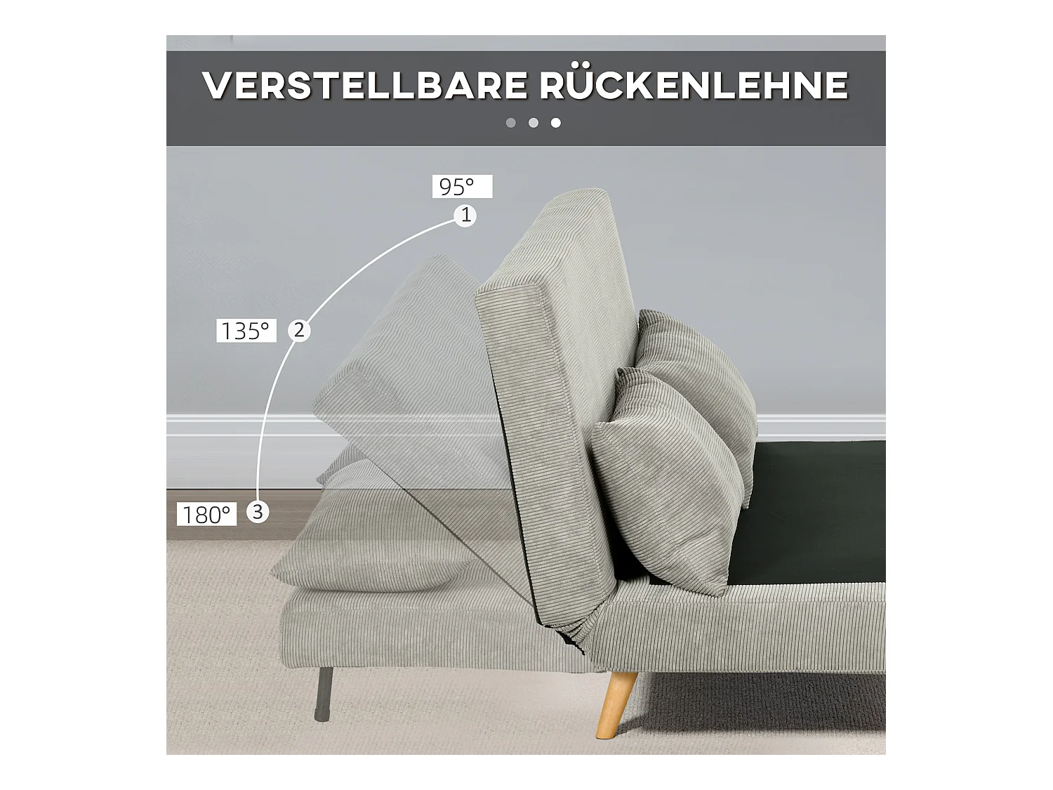 Divano letto con funzione letto, schienale regolabile, cuscini, rivestimento effetto velluto, 141 x 90 x 81 cm, Grigio, con gambe in legno