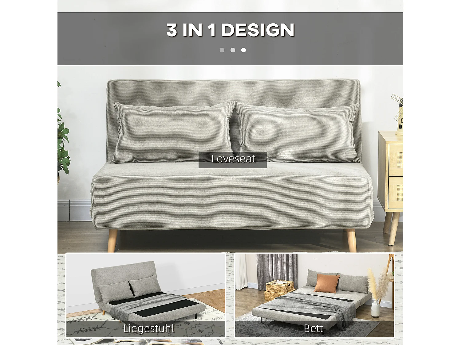 Divano letto con funzione letto, schienale regolabile, cuscini, rivestimento effetto velluto, 141 x 90 x 81 cm, Grigio, con gambe in legno