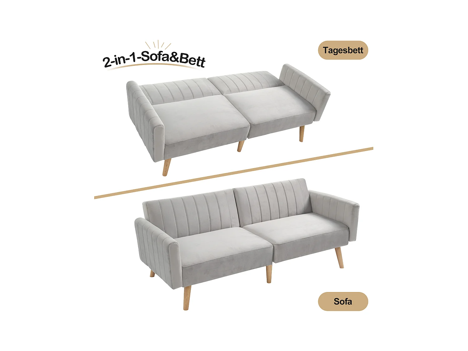 Divano trasformabile 2 in 1 con schienale regolabile, design minimalista, gambe in legno di caucciù, ideale per piccole camere da letto e dormitori