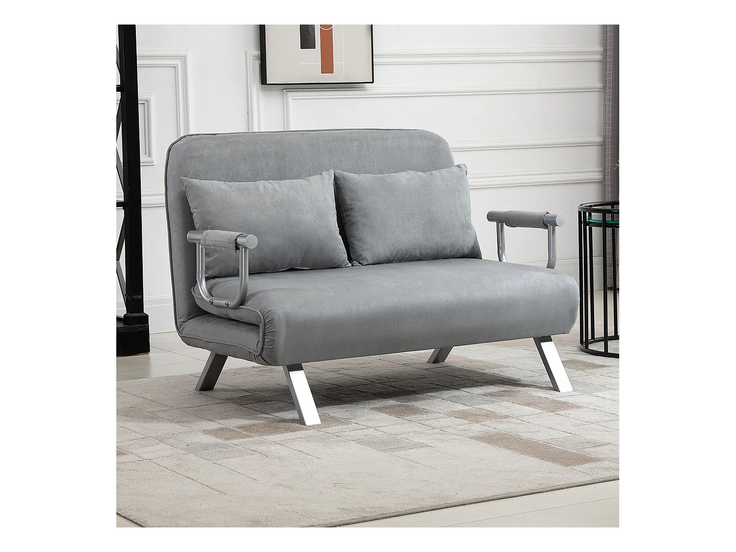 Divano letto 2 posti con cuscini, schienale reclinabile in 5 posizioni, funzione letto, fino a 240 kg, tessuto in microfibra grigio chiaro