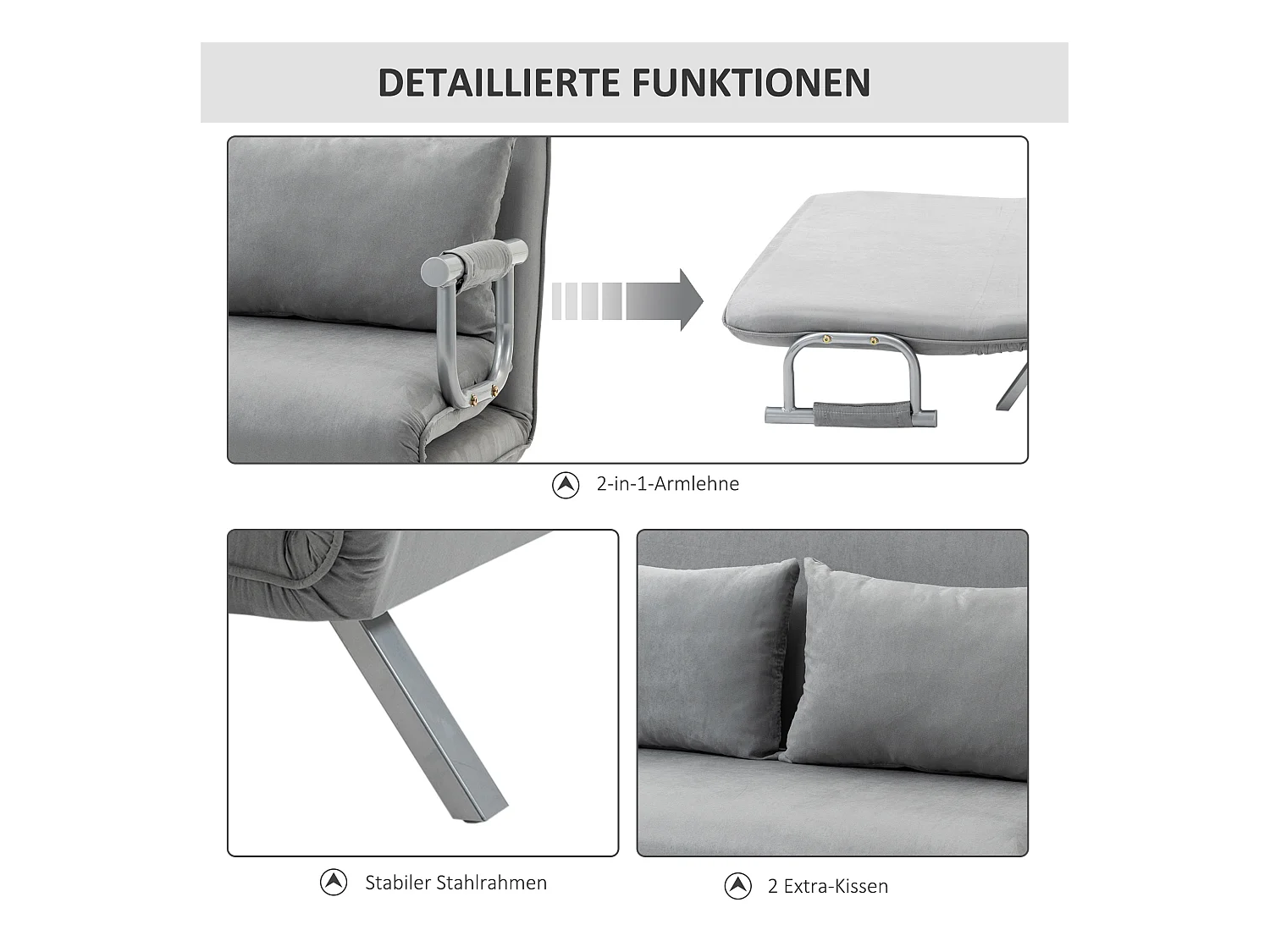Divano letto 2 posti con cuscini, schienale reclinabile in 5 posizioni, funzione letto, fino a 240 kg, tessuto in microfibra grigio chiaro