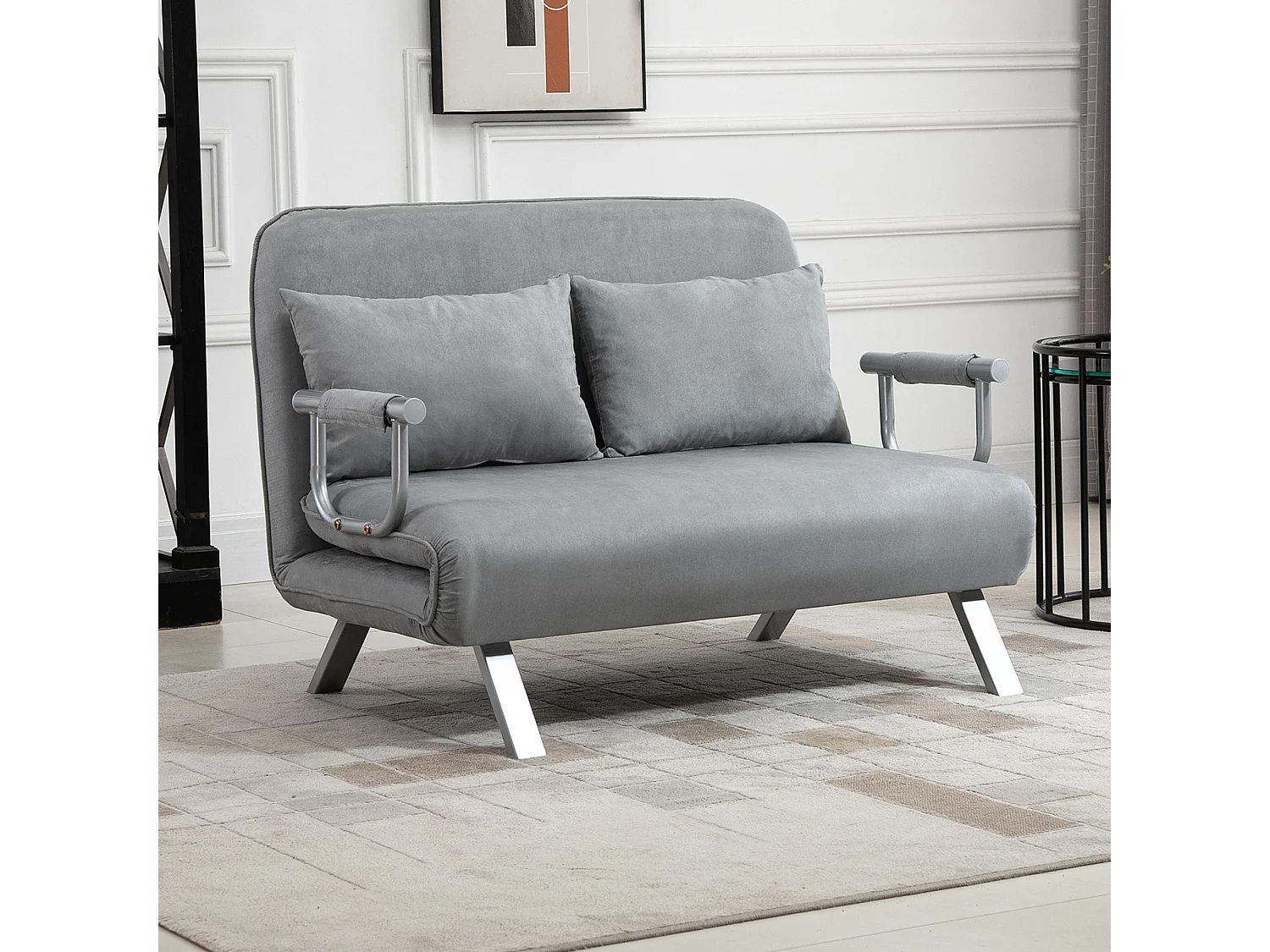 Divano letto 2 posti con cuscini, schienale reclinabile in 5 posizioni, funzione letto, fino a 240 kg, tessuto in microfibra grigio chiaro