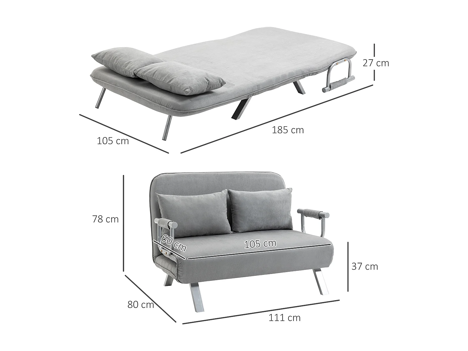 Divano letto 2 posti con cuscini, schienale reclinabile in 5 posizioni, funzione letto, fino a 240 kg, tessuto in microfibra grigio chiaro
