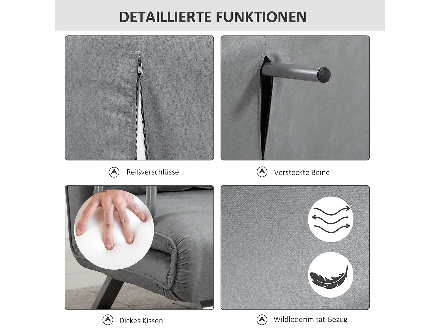 Divano letto 2 posti con cuscini, schienale reclinabile in 5 posizioni, funzione letto, fino a 240 kg, tessuto in microfibra grigio chiaro