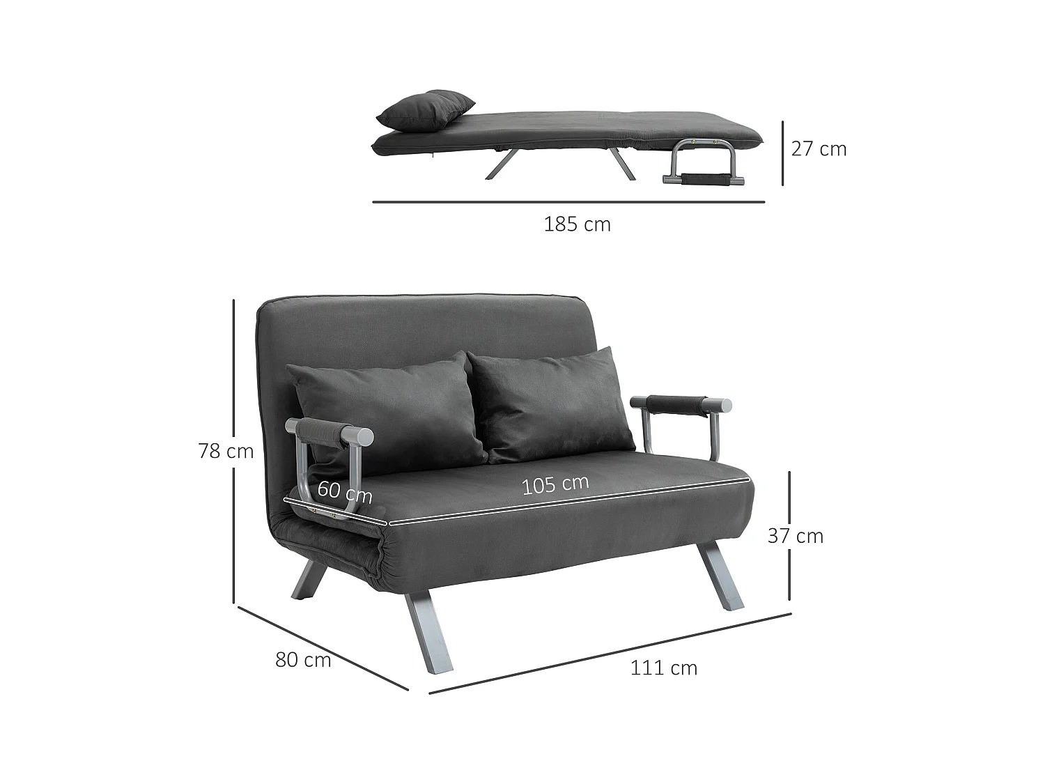 Divano letto a 2 posti con braccioli, design moderno, 3 in 1, materasso pieghevole, similpelle, grigio, 111×80×78 cm, 240 kg