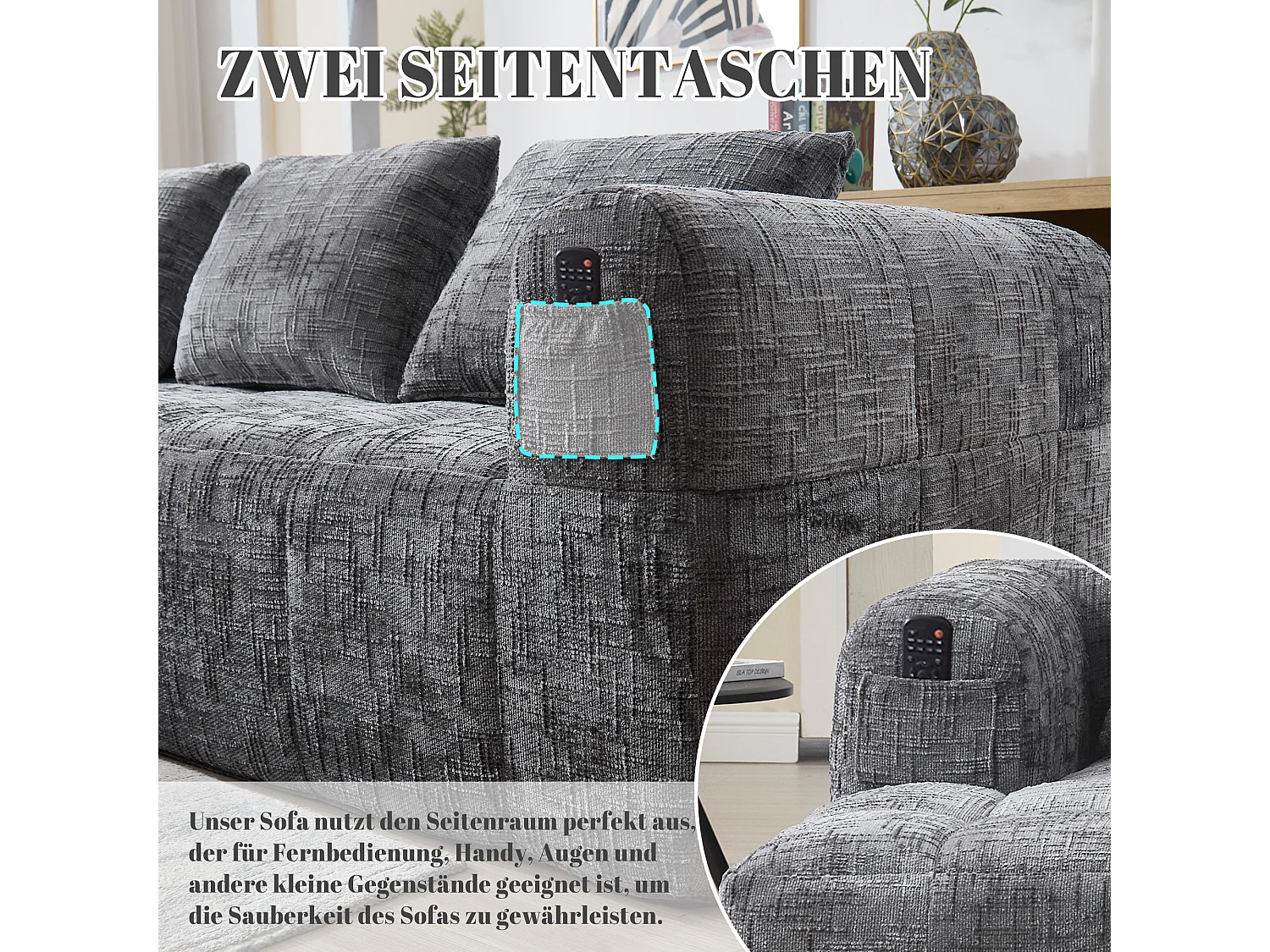 Divano angolare 3 posti senza montaggio, stile moderno in tessuto ciniglia grigio, chaise longue, braccioli, 3 cuscini, tasche laterali