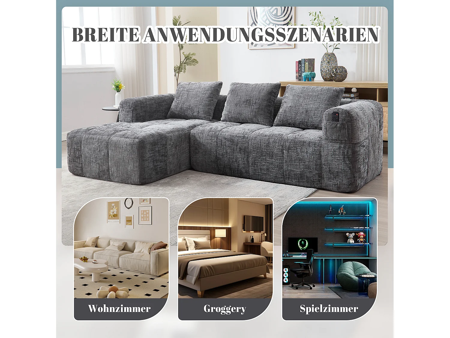 Divano angolare 3 posti senza montaggio, stile moderno in tessuto ciniglia grigio, chaise longue, braccioli, 3 cuscini, tasche laterali