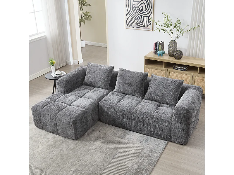 Divano angolare 3 posti senza montaggio, stile moderno in tessuto ciniglia grigio, chaise longue, braccioli, 3 cuscini, tasche laterali