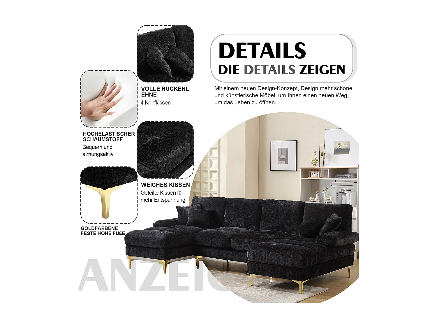 Divano moderno a forma di U in ciniglia con gambe in metallo dorato, design ergonomico e confortevole, per soggiorno, camera da letto e ufficio