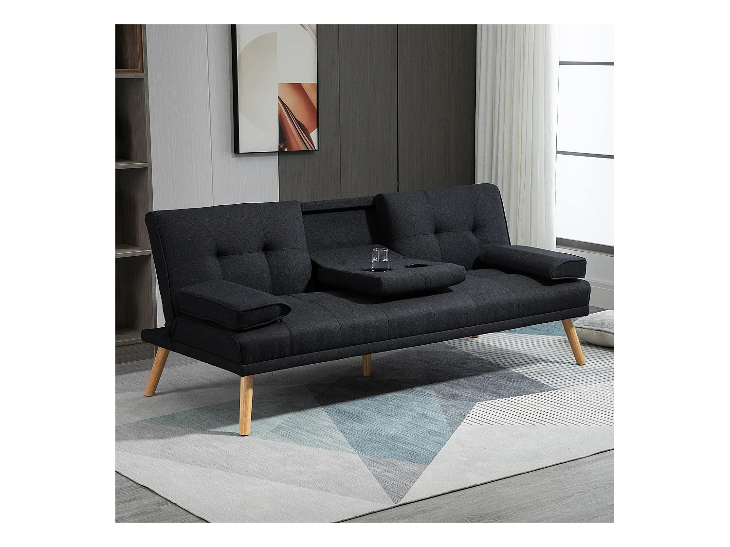 Divano letto grigio a 3 posti con tavolo pieghevole e portabicchieri, schienale reclinabile, design scandinavo, tessuto effetto lino, max. 250 chili