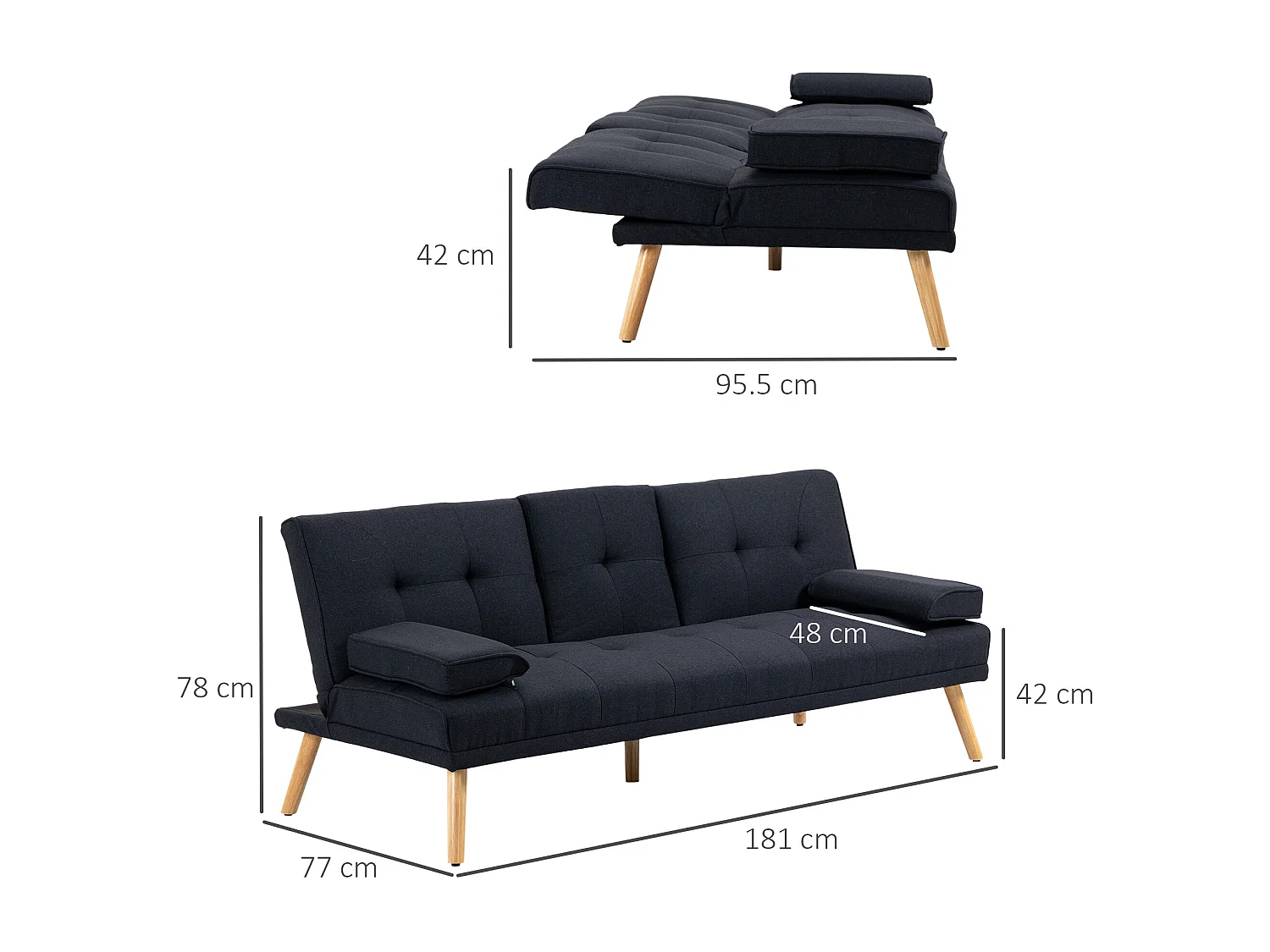 Divano letto grigio a 3 posti con tavolo pieghevole e portabicchieri, schienale reclinabile, design scandinavo, tessuto effetto lino, max. 250 chili