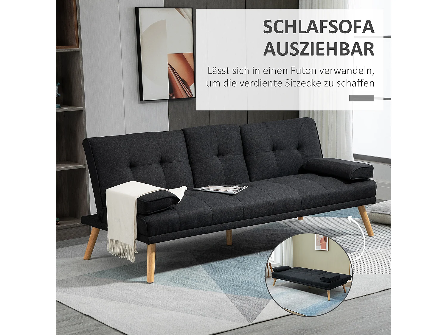 Divano letto grigio a 3 posti con tavolo pieghevole e portabicchieri, schienale reclinabile, design scandinavo, tessuto effetto lino, max. 250 chili