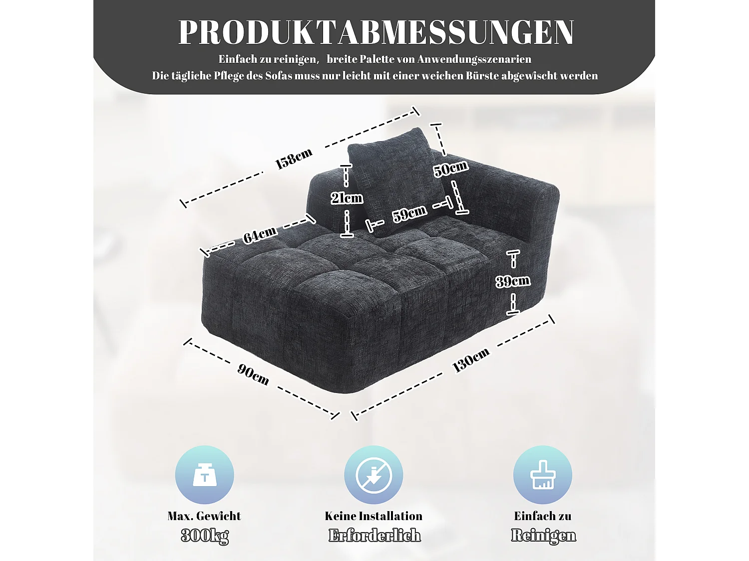 Divano chaise longue nero a 2 posti, non necessita di montaggio, cuscino incluso, tasche laterali per telecomando e telefono, design moderno e confortevole