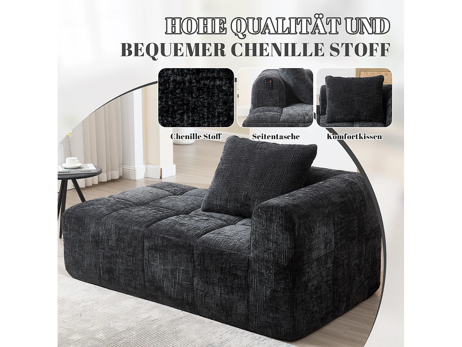 Divano chaise longue nero a 2 posti, non necessita di montaggio, cuscino incluso, tasche laterali per telecomando e telefono, design moderno e confortevole