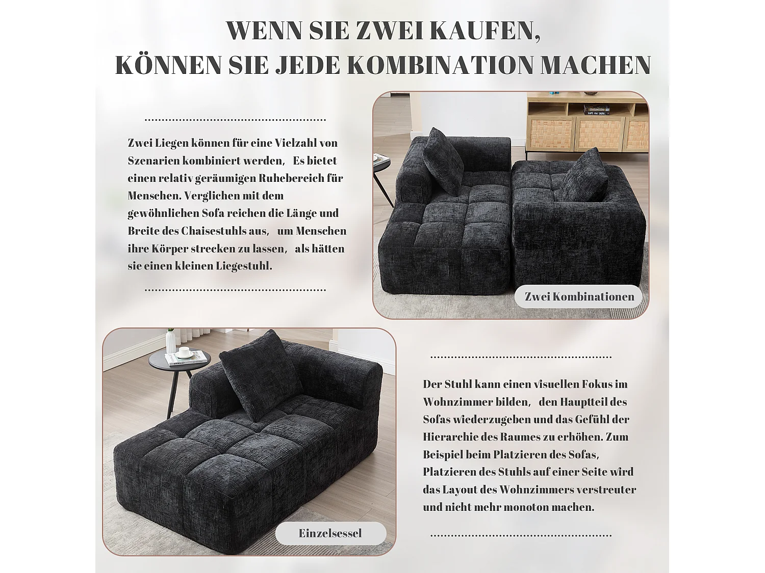 Divano chaise longue nero a 2 posti, non necessita di montaggio, cuscino incluso, tasche laterali per telecomando e telefono, design moderno e confortevole