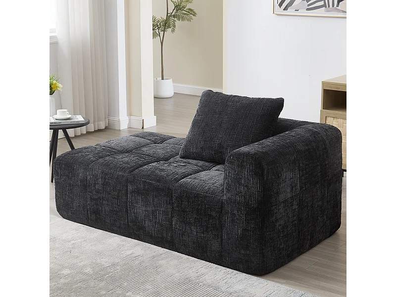 Divano chaise longue nero a 2 posti, non necessita di montaggio, cuscino incluso, tasche laterali per telecomando e telefono, design moderno e confortevole