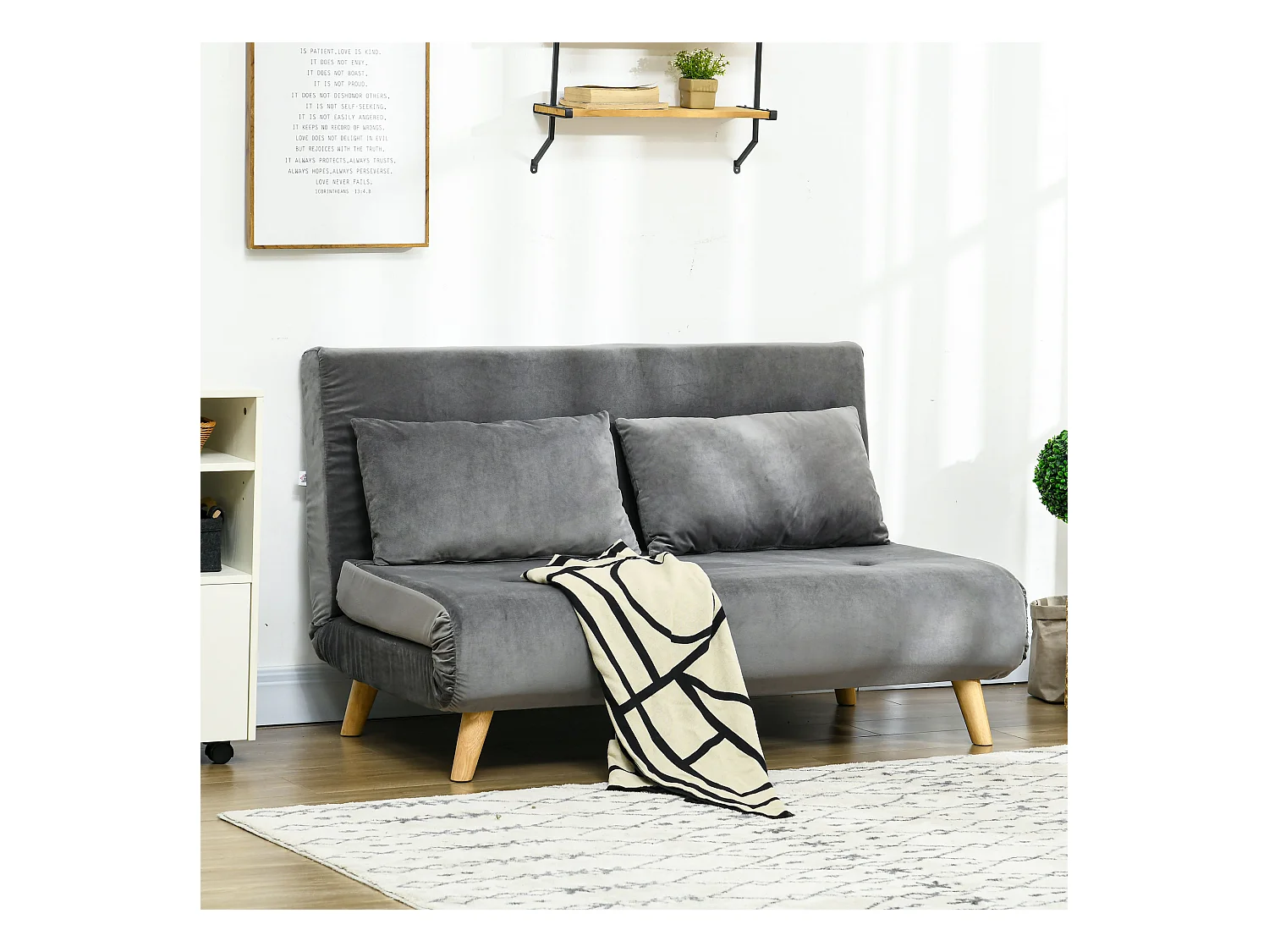 Divano letto 2 posti in velluto grigio, schienale regolabile in 6 posizioni, trasformabile in letto 72x190 cm, compatto e confortevole – 130x78x79 cm