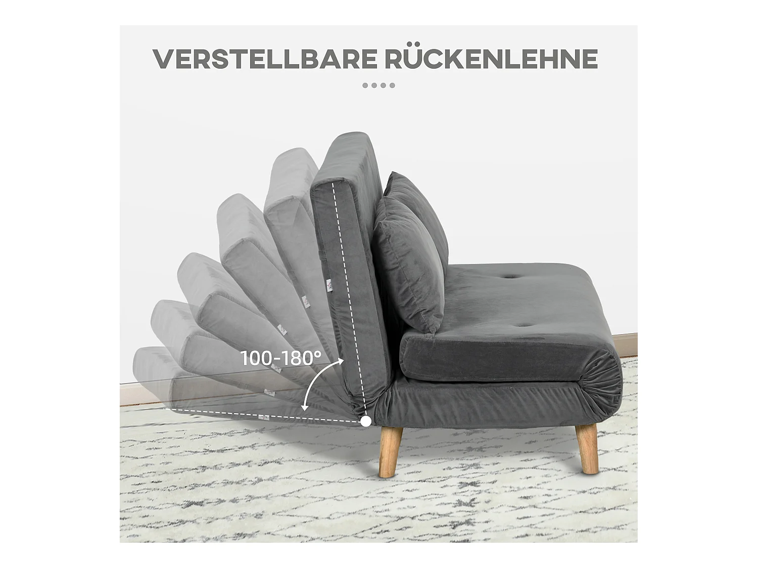 Divano letto 2 posti in velluto grigio, schienale regolabile in 6 posizioni, trasformabile in letto 72x190 cm, compatto e confortevole – 130x78x79 cm