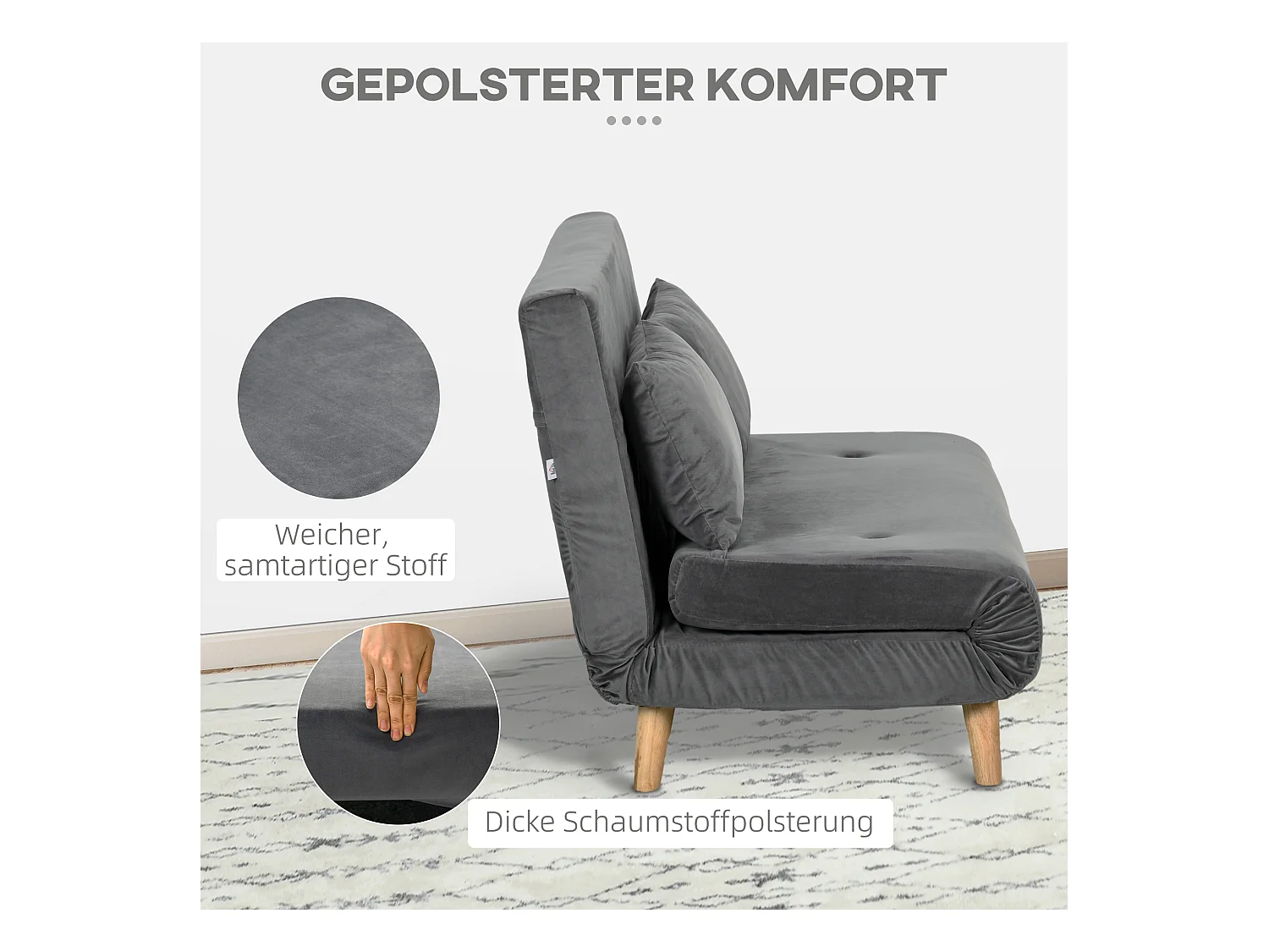 Divano letto 2 posti in velluto grigio, schienale regolabile in 6 posizioni, trasformabile in letto 72x190 cm, compatto e confortevole – 130x78x79 cm