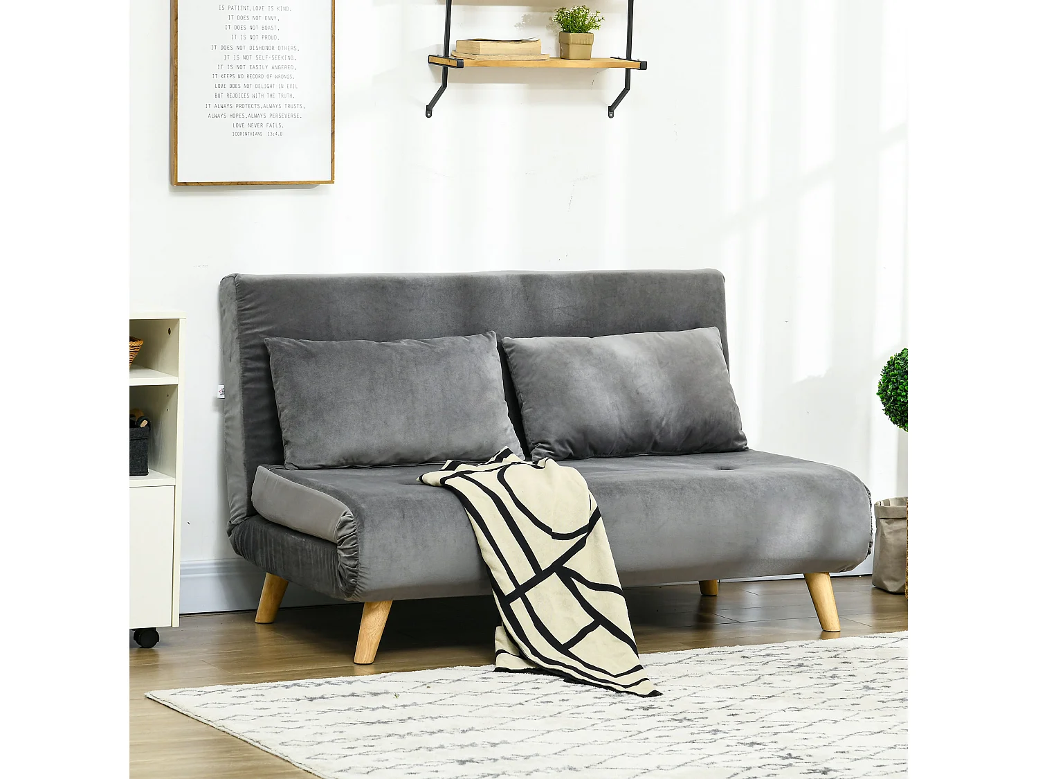 Divano letto 2 posti in velluto grigio, schienale regolabile in 6 posizioni, trasformabile in letto 72x190 cm, compatto e confortevole – 130x78x79 cm