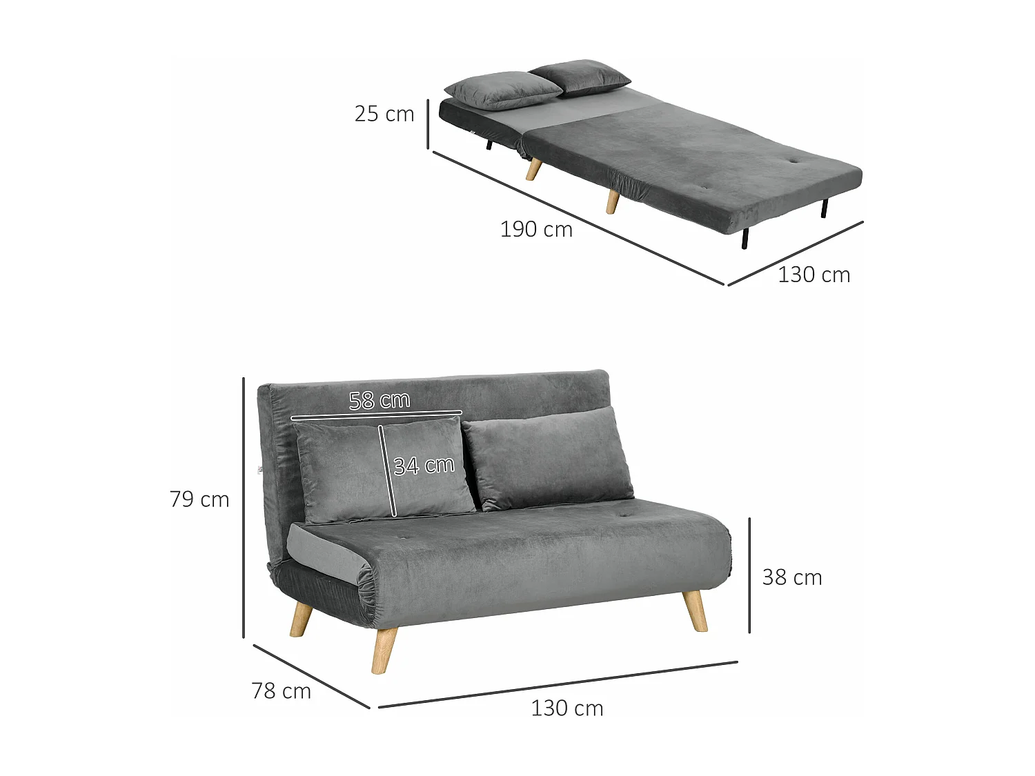 Divano letto 2 posti in velluto grigio, schienale regolabile in 6 posizioni, trasformabile in letto 72x190 cm, compatto e confortevole – 130x78x79 cm