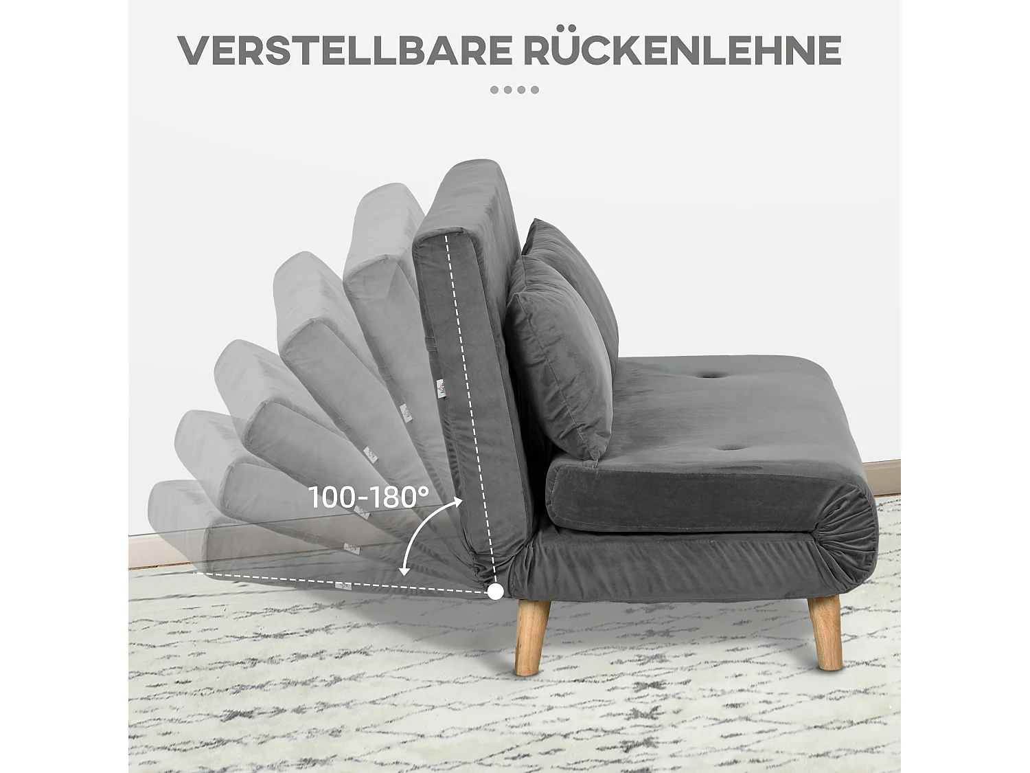 Divano letto 2 posti in velluto grigio, schienale regolabile in 6 posizioni, trasformabile in letto 72x190 cm, compatto e confortevole – 130x78x79 cm