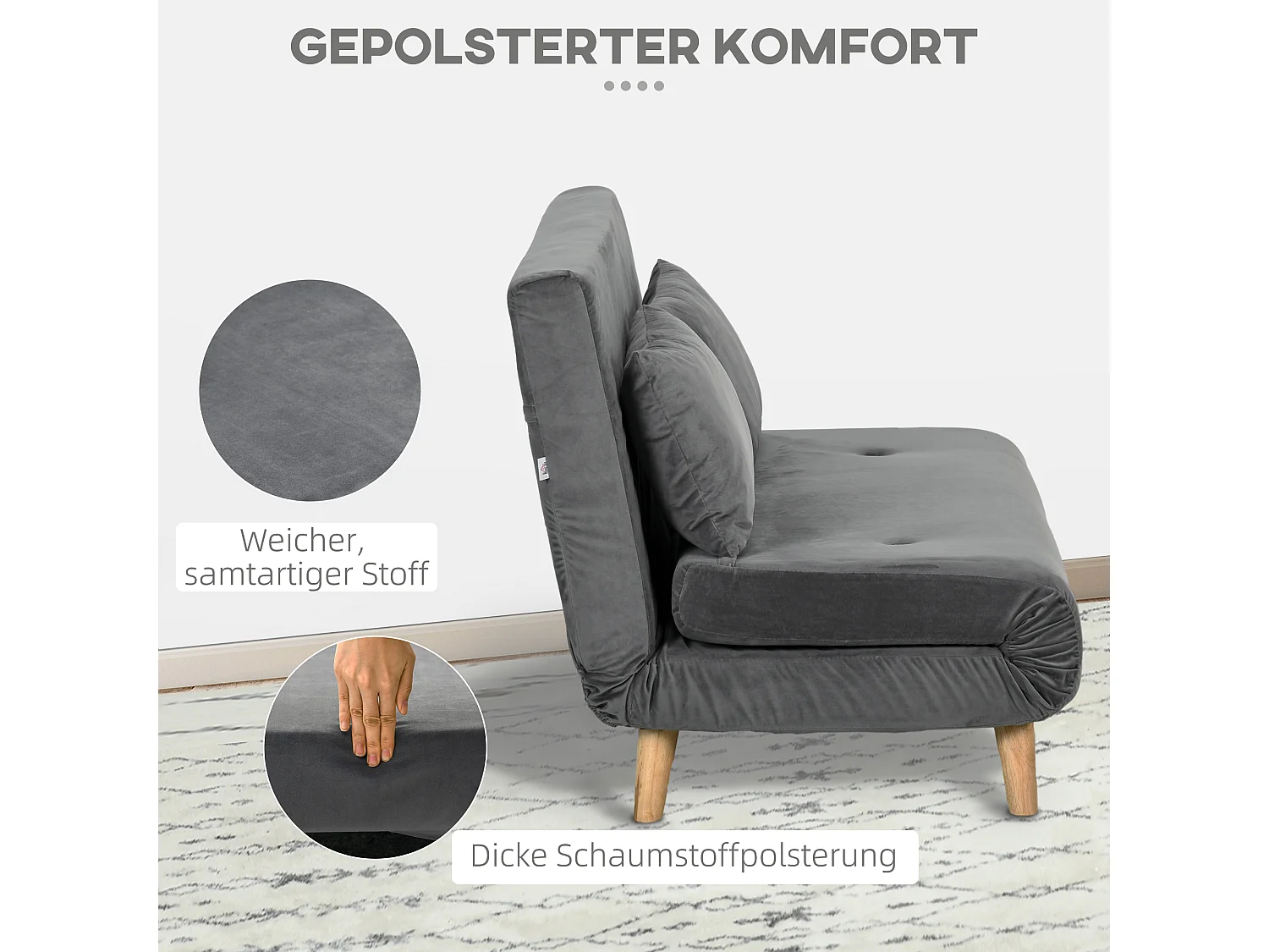 Divano letto 2 posti in velluto grigio, schienale regolabile in 6 posizioni, trasformabile in letto 72x190 cm, compatto e confortevole – 130x78x79 cm