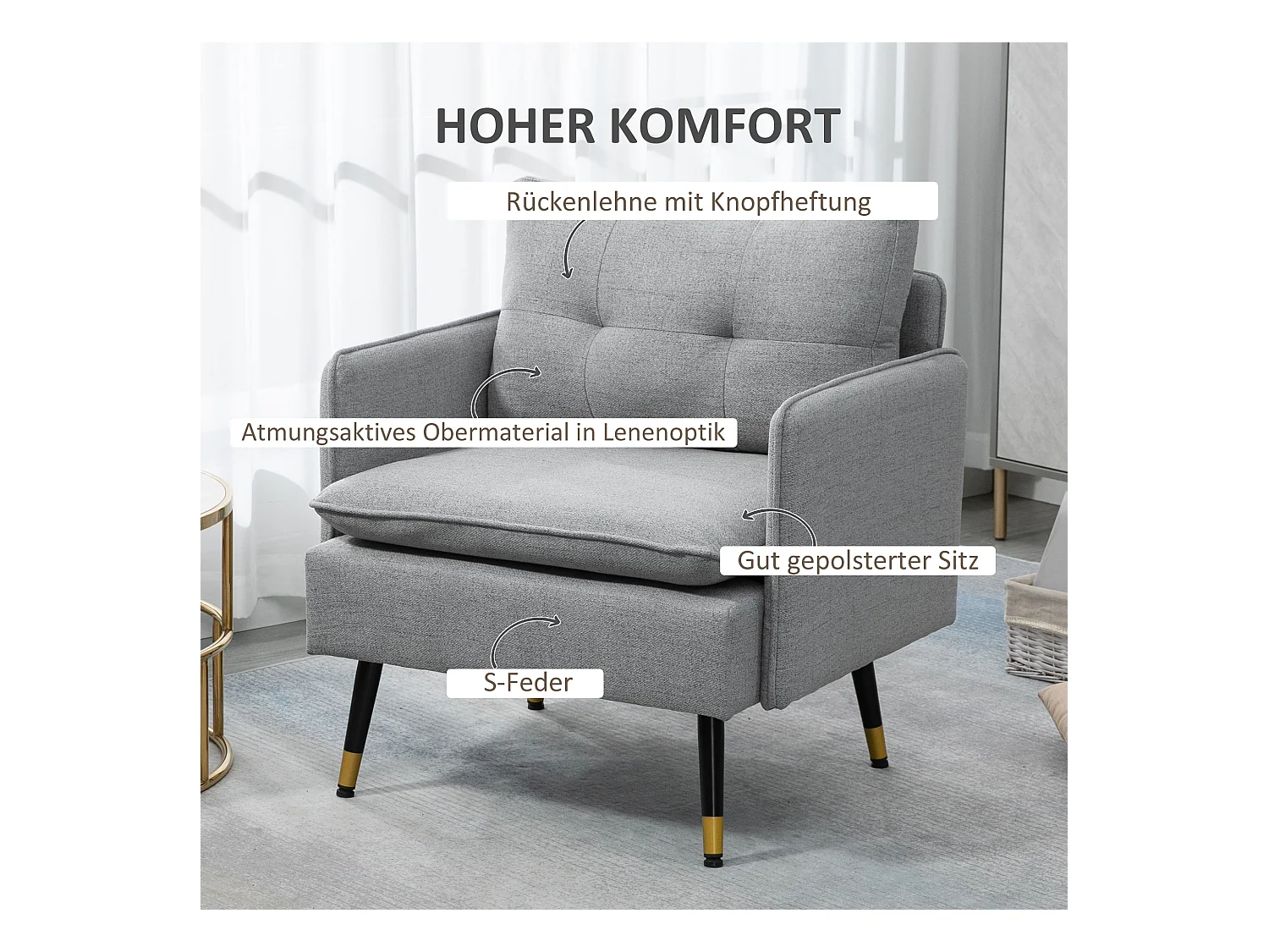 Poltrona in tessuto di lino, poltrona con cuscino, struttura in acciaio, fino a 120 kg, design elegante e confortevole