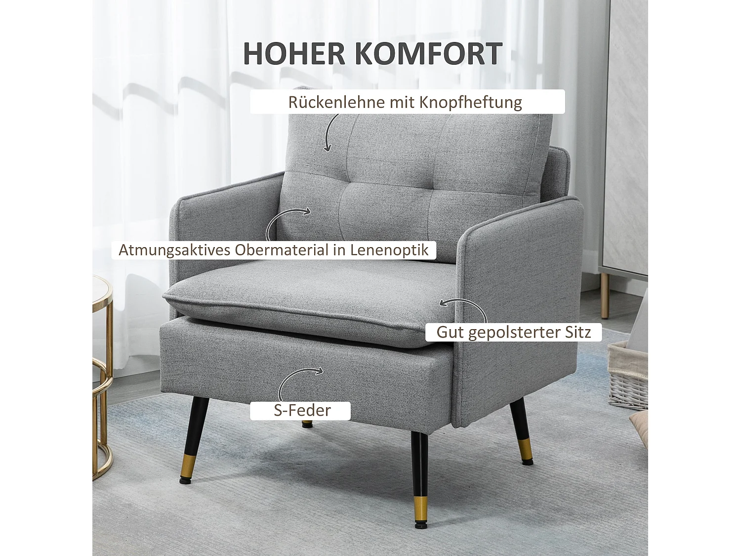 Poltrona in tessuto di lino, poltrona con cuscino, struttura in acciaio, fino a 120 kg, design elegante e confortevole