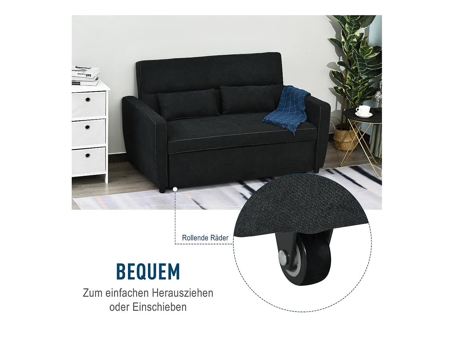 Divano letto trasformabile a 2 posti con schienale reclinabile in 3 posizioni, tessuto nero, 148x82x89 cm, compatto e pratico per il soggiorno