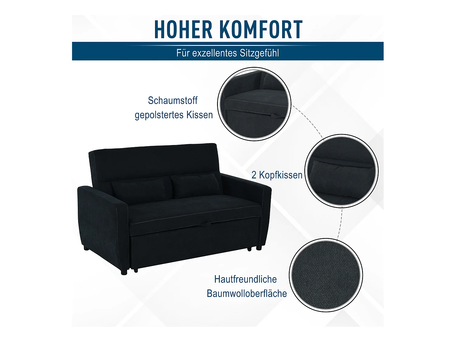 Divano letto trasformabile a 2 posti con schienale reclinabile in 3 posizioni, tessuto nero, 148x82x89 cm, compatto e pratico per il soggiorno