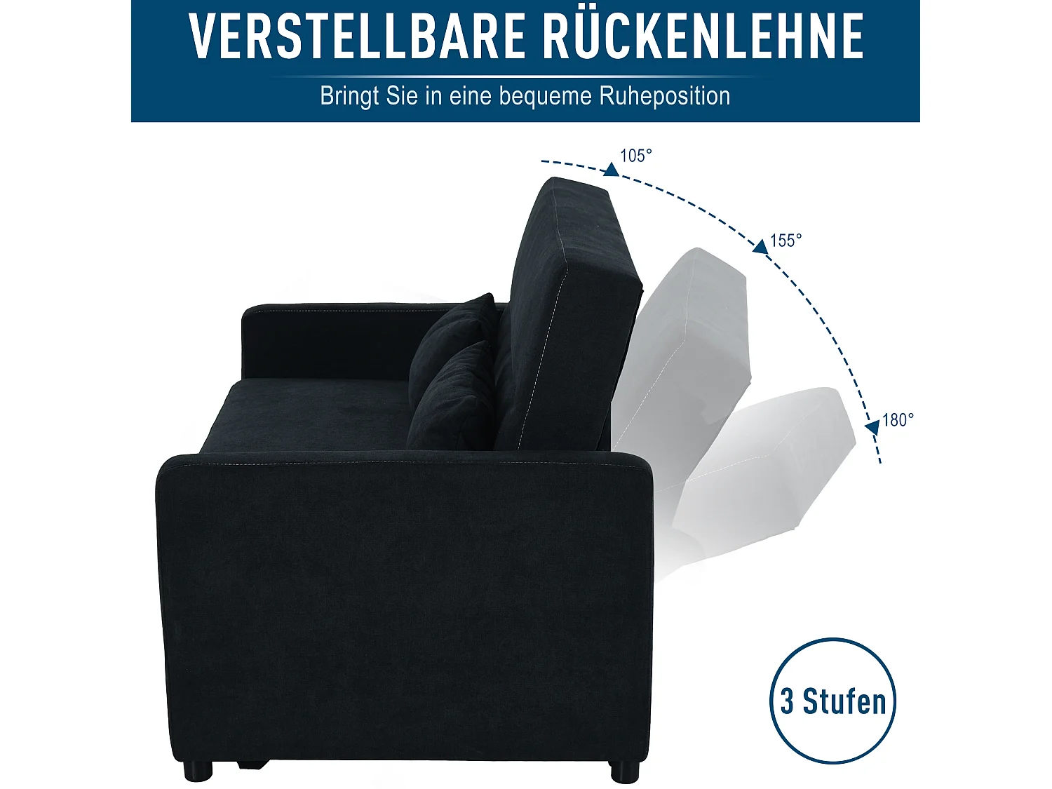 Divano letto trasformabile a 2 posti con schienale reclinabile in 3 posizioni, tessuto nero, 148x82x89 cm, compatto e pratico per il soggiorno