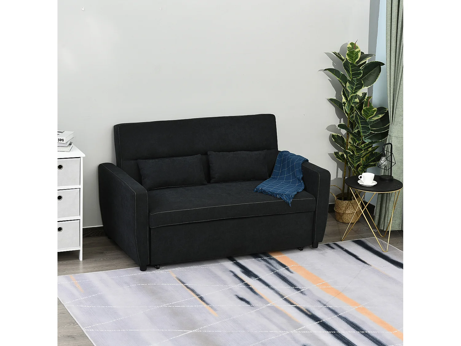 Divano letto trasformabile a 2 posti con schienale reclinabile in 3 posizioni, tessuto nero, 148x82x89 cm, compatto e pratico per il soggiorno