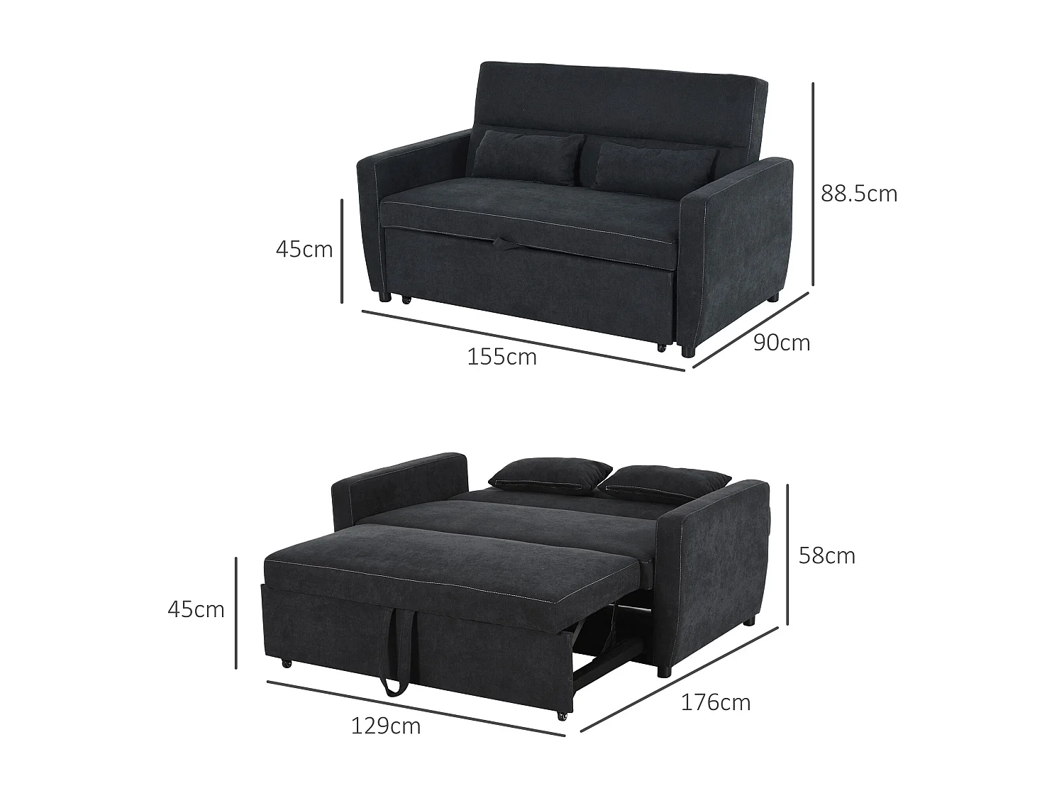 Divano letto trasformabile a 2 posti con schienale reclinabile in 3 posizioni, tessuto nero, 148x82x89 cm, compatto e pratico per il soggiorno