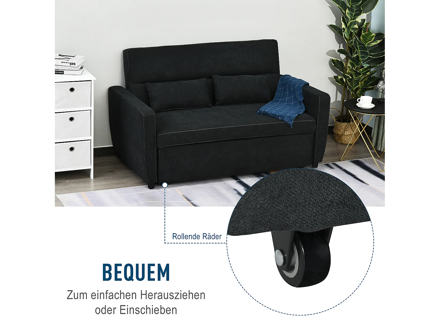 Divano letto trasformabile a 2 posti con schienale reclinabile in 3 posizioni, tessuto nero, 148x82x89 cm, compatto e pratico per il soggiorno