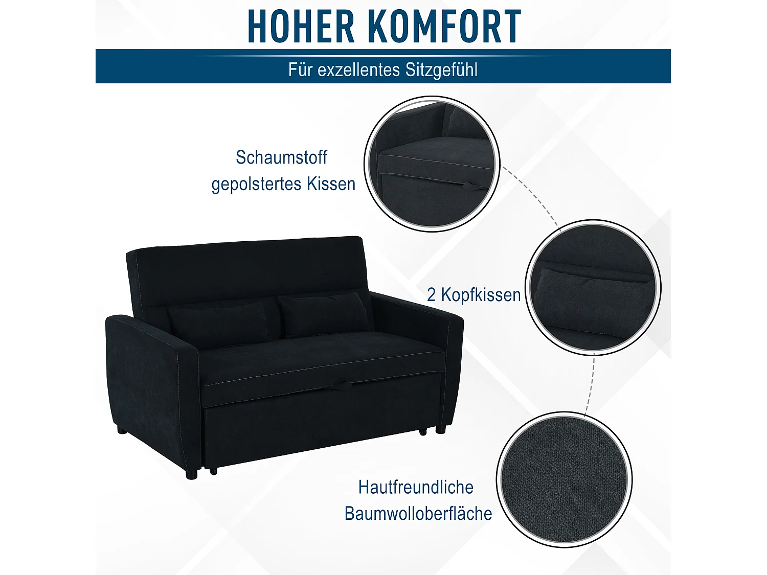 Divano letto trasformabile a 2 posti con schienale reclinabile in 3 posizioni, tessuto nero, 148x82x89 cm, compatto e pratico per il soggiorno