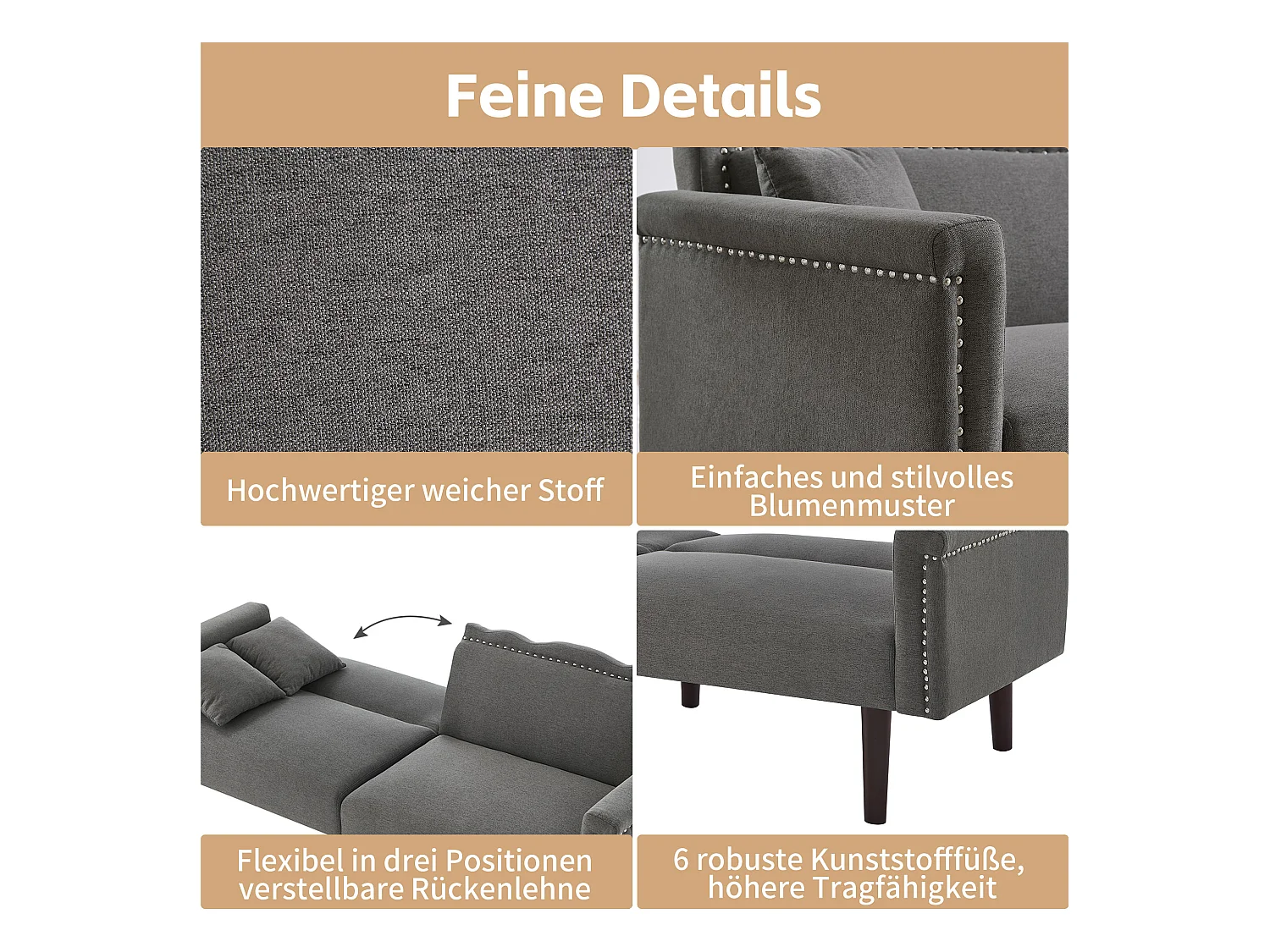 Divano letto a 2 posti con schienale regolabile, tessuto in cotone e lino, schiuma ad alta densità, gambe in legno, design elegante e moderno