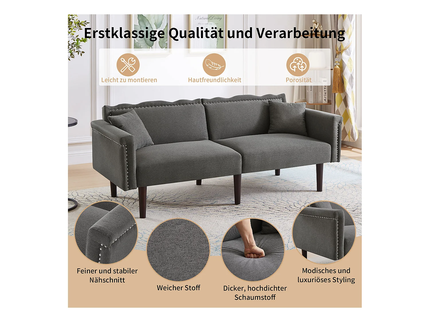 Divano letto a 2 posti con schienale regolabile, tessuto in cotone e lino, schiuma ad alta densità, gambe in legno, design elegante e moderno