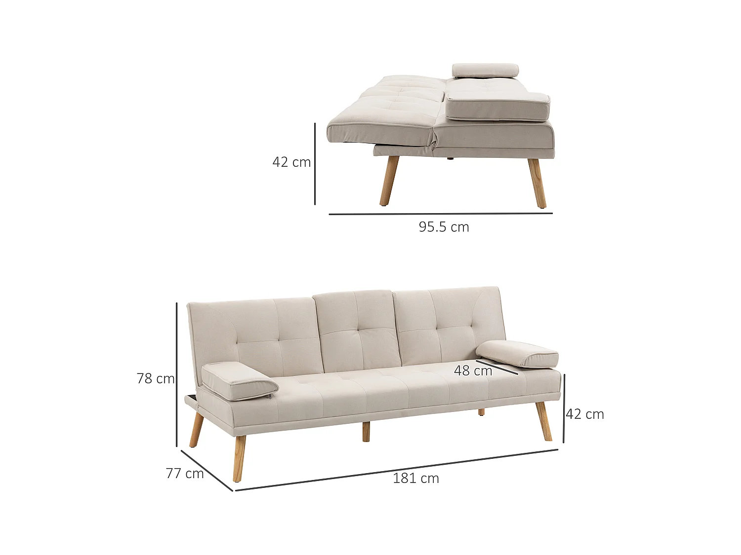 Divano letto 3 posti con tavolo a ribalta, design scandinavo, in tessuto di lino, fino a 250 kg, perfetto per il soggiorno