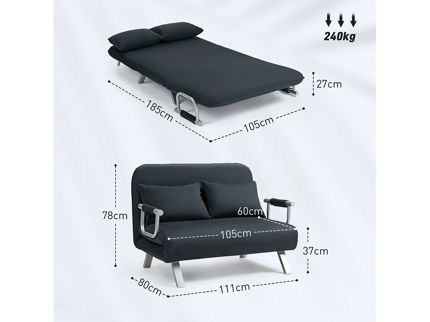 Divano letto trasformabile con schienale regolabile, cuscini decorativi, rivestimento effetto velluto, 2 posti, per soggiorno e camera da letto, Nero, fino a 240 kg