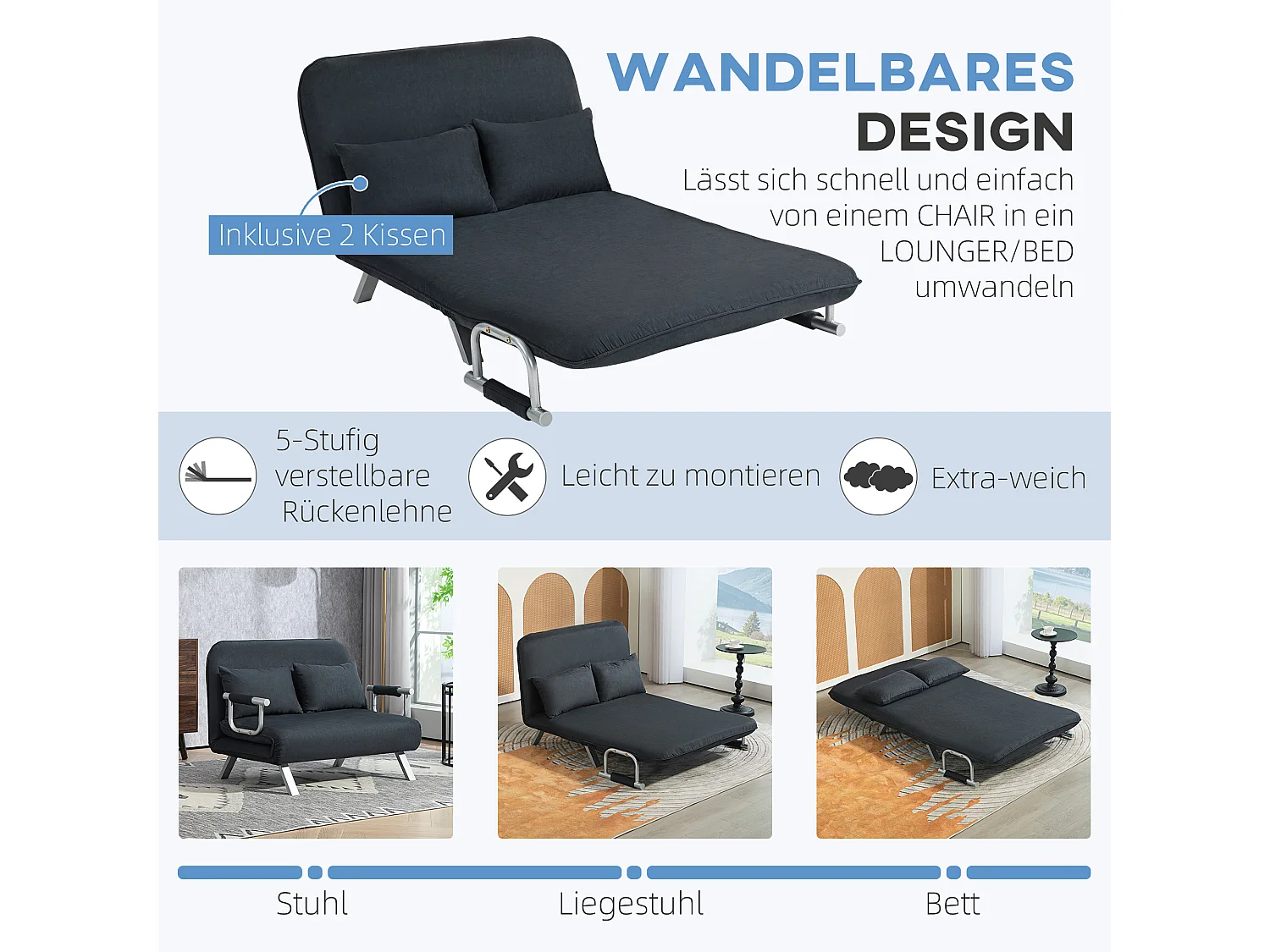 Divano letto trasformabile con schienale regolabile, cuscini decorativi, rivestimento effetto velluto, 2 posti, per soggiorno e camera da letto, Nero, fino a 240 kg