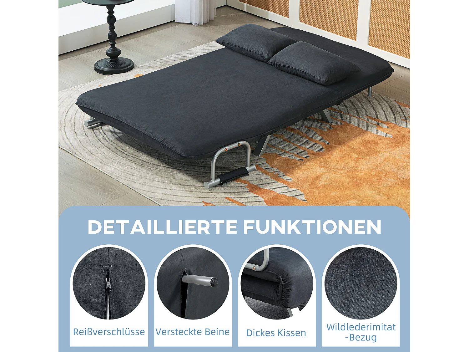 Divano letto trasformabile con schienale regolabile, cuscini decorativi, rivestimento effetto velluto, 2 posti, per soggiorno e camera da letto, Nero, fino a 240 kg