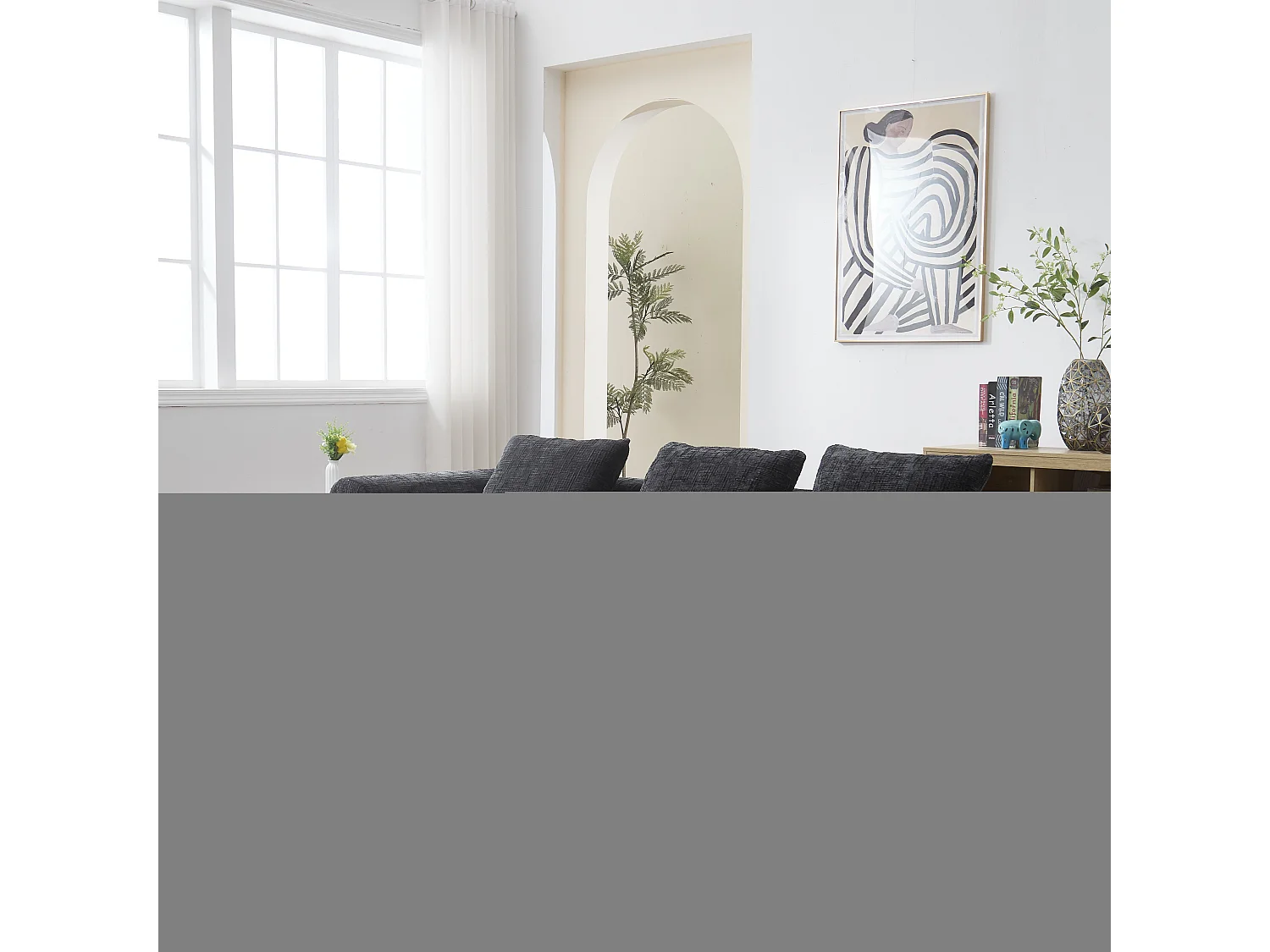 Divano angolare a 3 posti in ciniglia nera, non necessita di montaggio, chaise longue sinistra o destra, braccioli, 3 cuscini, tasche laterali