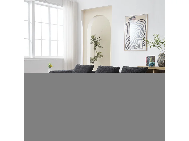 Divano angolare a 3 posti in ciniglia nera, non necessita di montaggio, chaise longue sinistra o destra, braccioli, 3 cuscini, tasche laterali