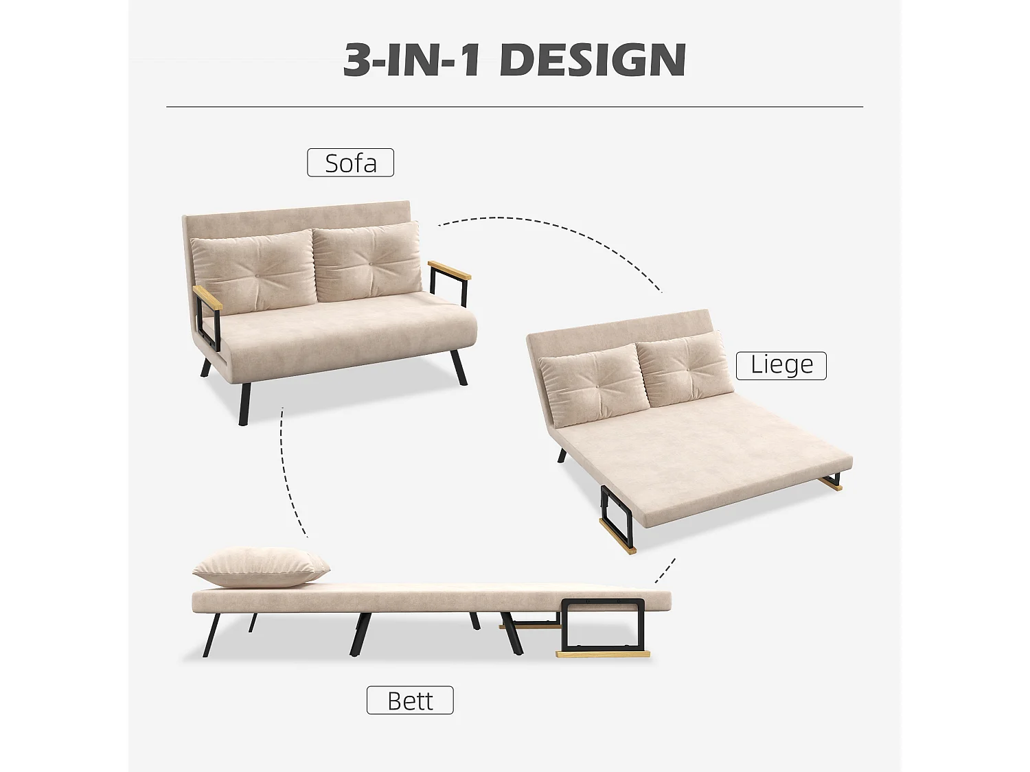 Poltrona trasformabile beige con schienale reclinabile a 180°, letto singolo, cuscino, braccioli in legno, compatta e confortevole, 102×73×81 cm