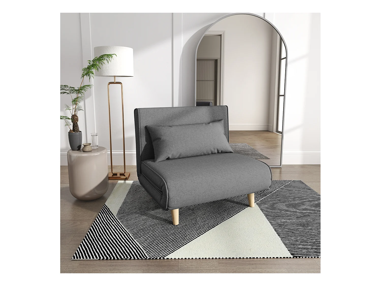 Divano letto 1 posto, divanetto con schienale regolabile, stile scandinavo, 95x95x80 cm, grigio, con piedini retrattili