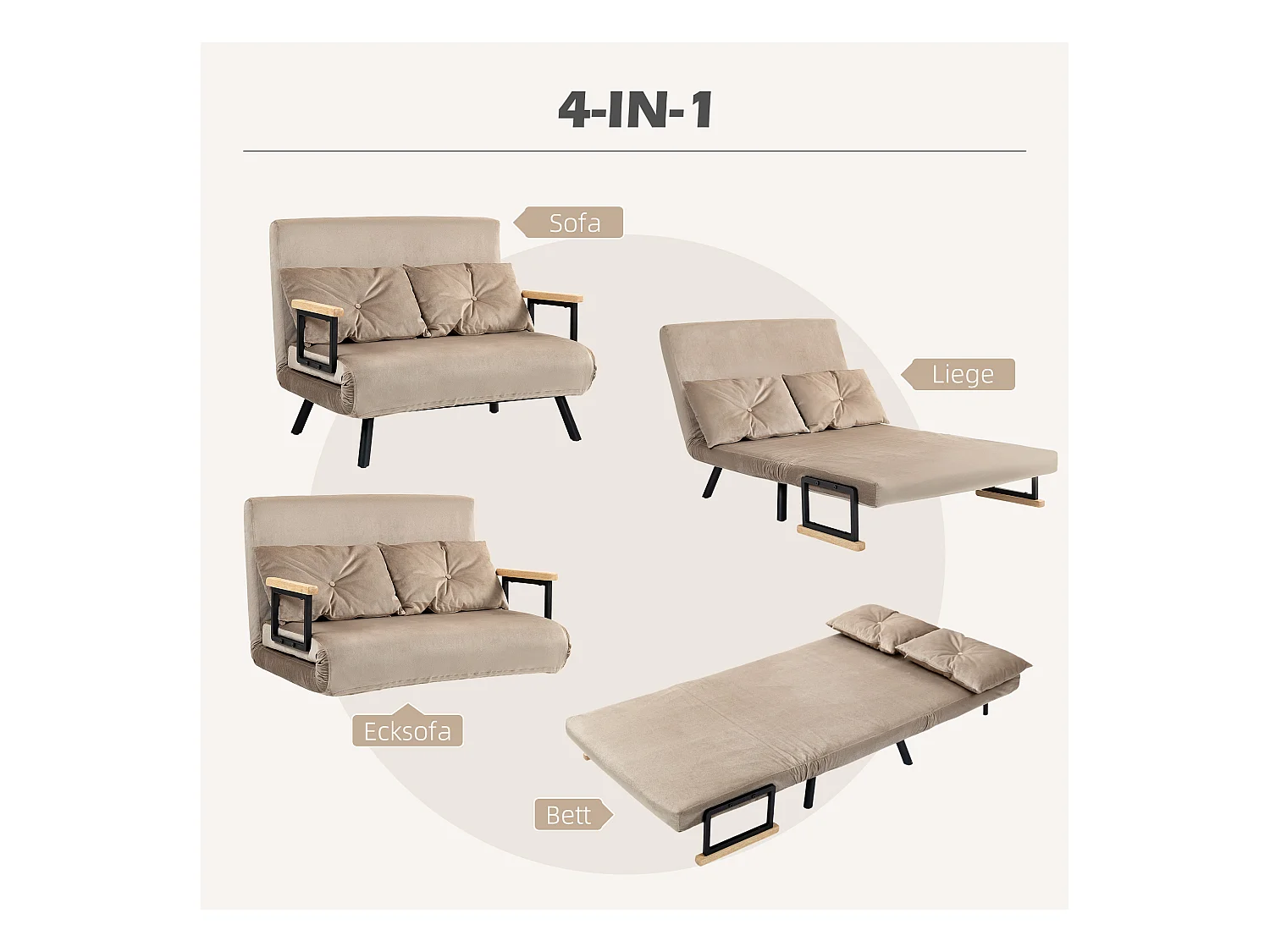 Divano letto 2 posti con schienale regolabile in 5 posizioni, tessuto effetto velluto, piedini antiscivolo, beige, 102x73x81 cm