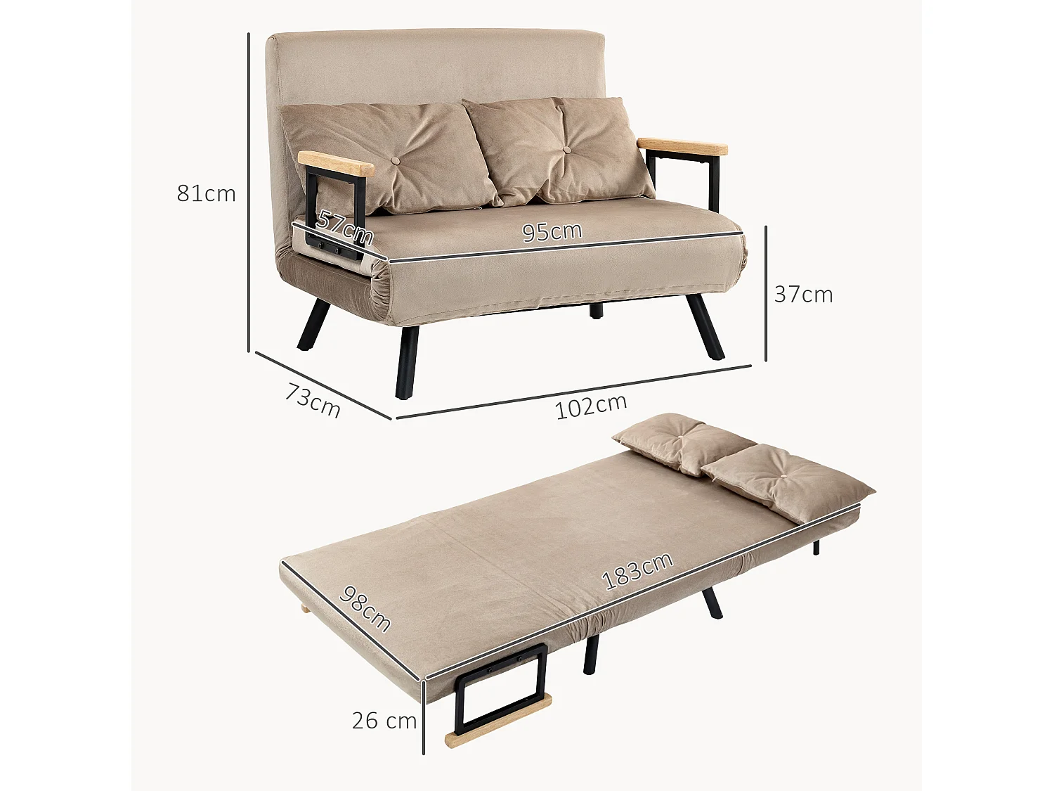 Divano letto 2 posti con schienale regolabile in 5 posizioni, tessuto effetto velluto, piedini antiscivolo, beige, 102x73x81 cm