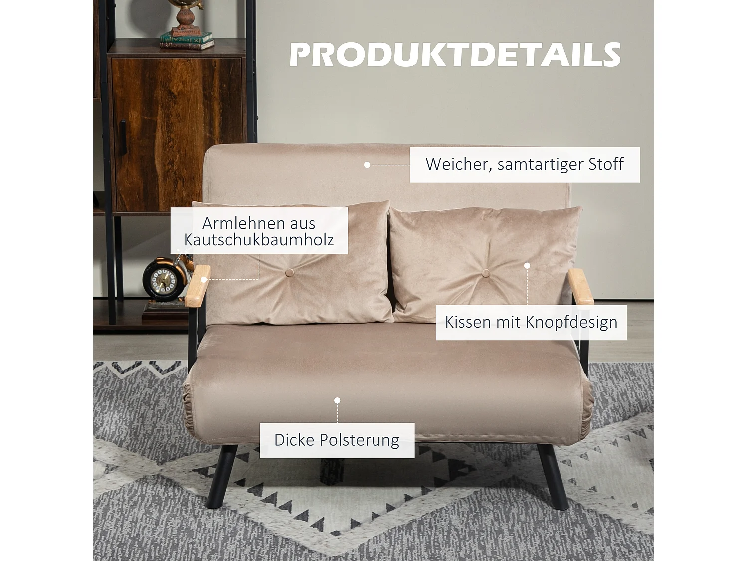 Divano letto 2 posti con schienale regolabile in 5 posizioni, tessuto effetto velluto, piedini antiscivolo, beige, 102x73x81 cm